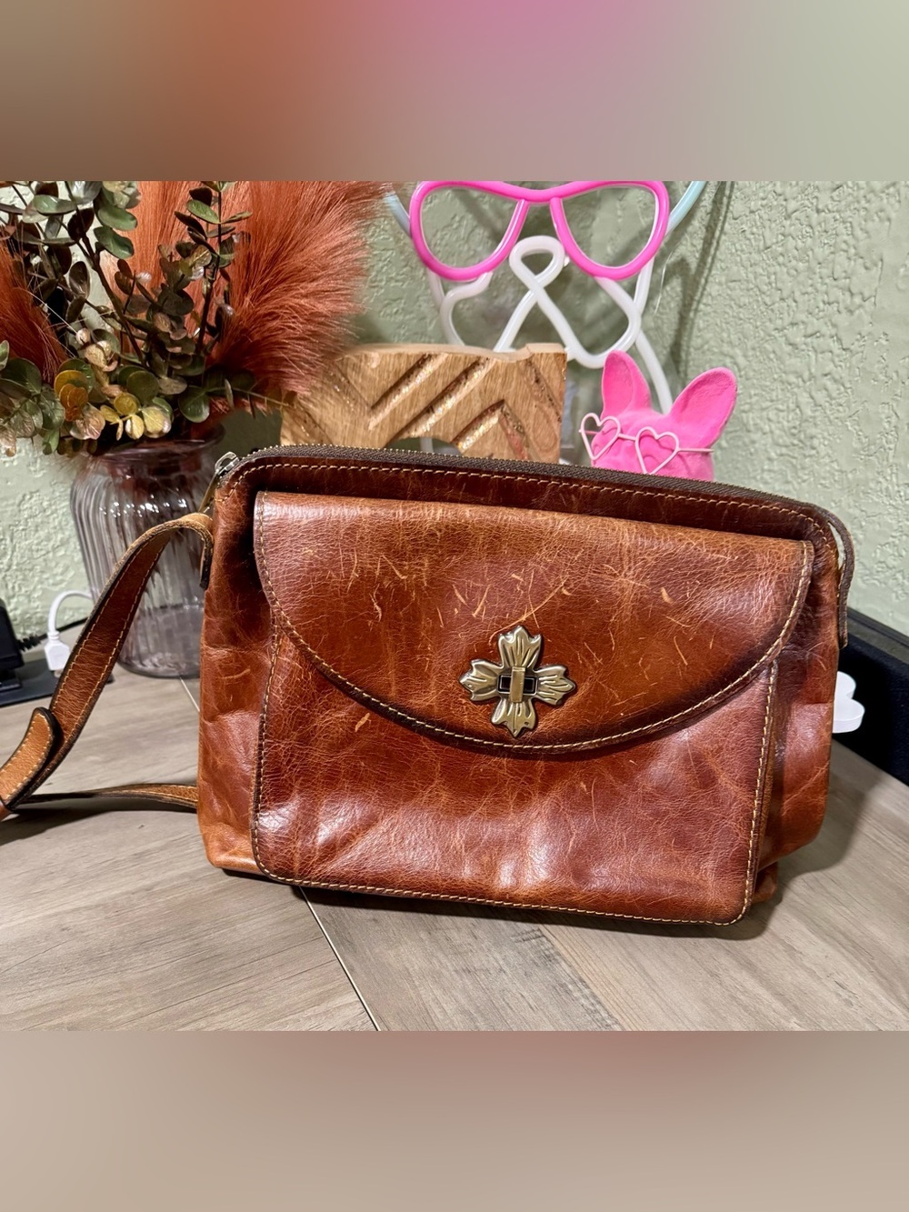 Patricia Nash Chestnut Brown Leather Shoulder Bag with Brass Emblem
